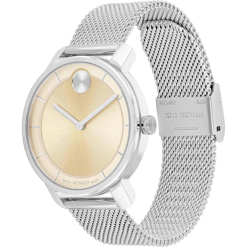 Movado女表经典石英腕表轻奢白皮带34mm防溅水表盘金高清大图