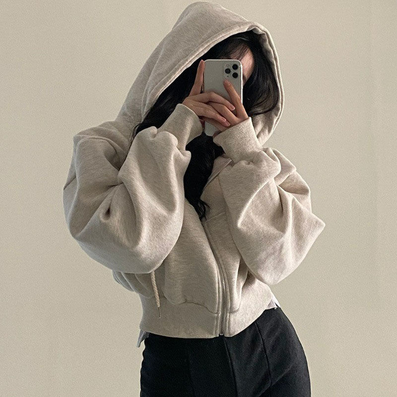 年秋冬ins加绒百搭时尚短款修身拉链保暖纯色连帽卫衣女