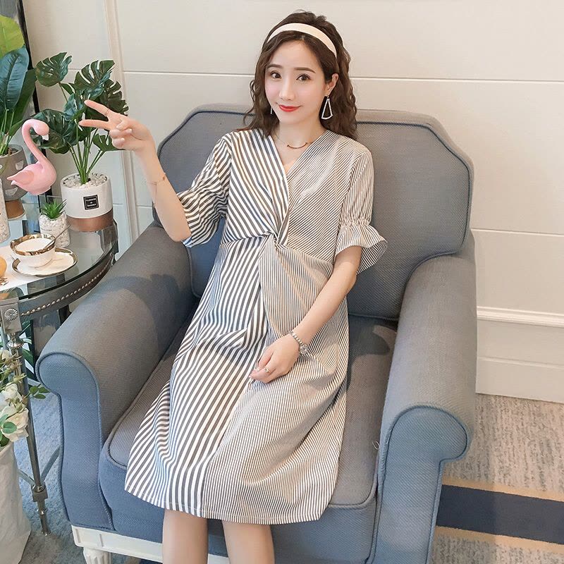 迪鲁奥(DILUAO)2021孕妇夏季短袖连衣裙时尚V领可哺乳衬衫裙辣妈夏季条纹孕妇裙图片