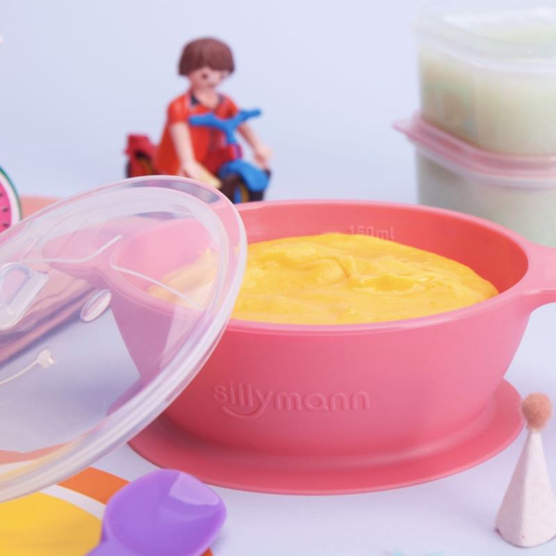思利满Sillymann 幼儿宝宝家用碗辅食碗 带盖防摔碗 粉色 铂金硅胶