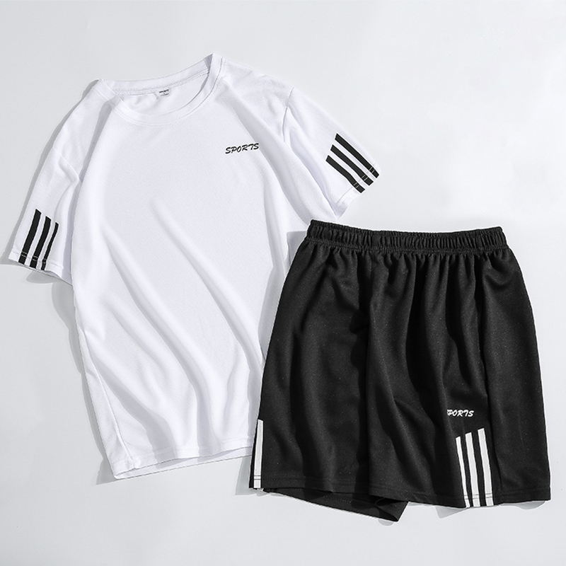 两件装夏季男士休闲运动服套装速干衣韩版潮流宽松冰丝t短袖t恤短裤