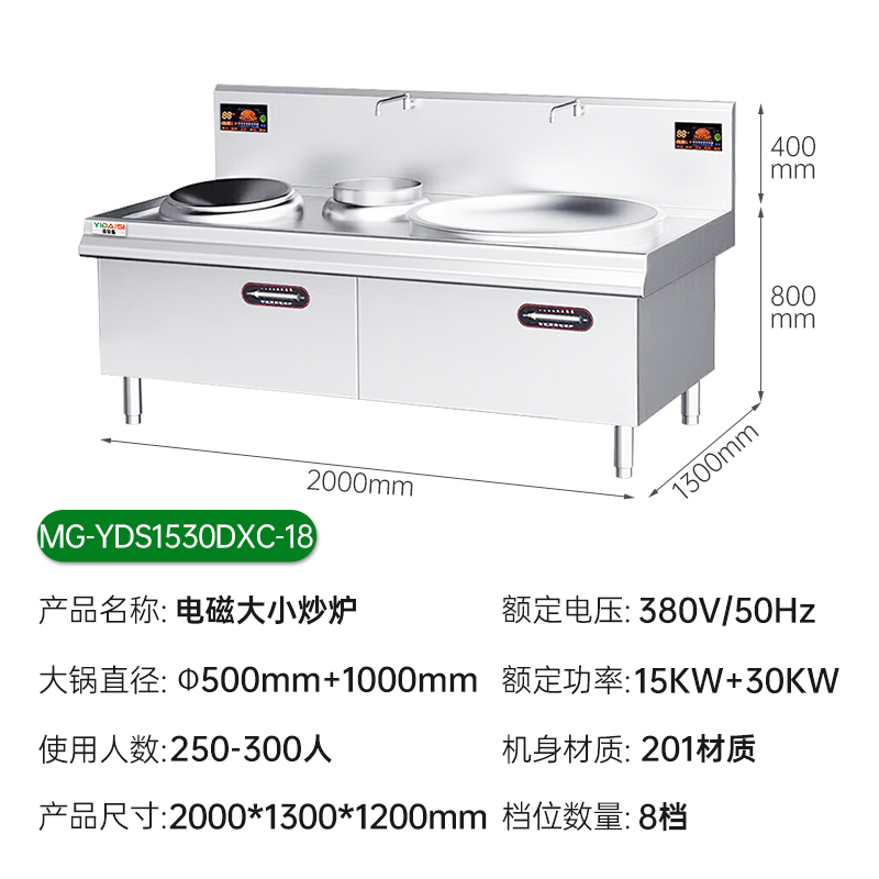 意黛斯 商用电磁炉MG-YDS1530DXC-20大锅灶食堂电磁灶大功率炒菜灶台酒店学校厨房设备凹面大小炒炉 201材质高清大图