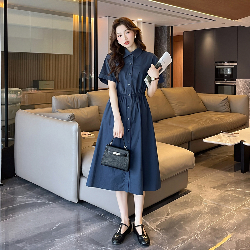 [1.5折价85元]唐狮短袖衬衫连衣裙女新款女夏季长款裙子收腰显瘦气质女装t