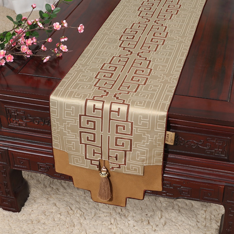 新中式古典玉桌旗茶几长条布艺中国风桌布床柜旗电视柜盖布 如意纹浅咖 34*230适合桌长170-180CM