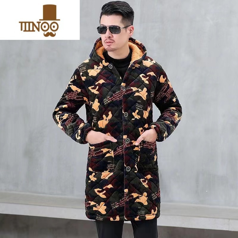 YANXU长款棉衣外套男加绒加厚罩衣连帽工作服大褂宽松大码厚大衣高清大图