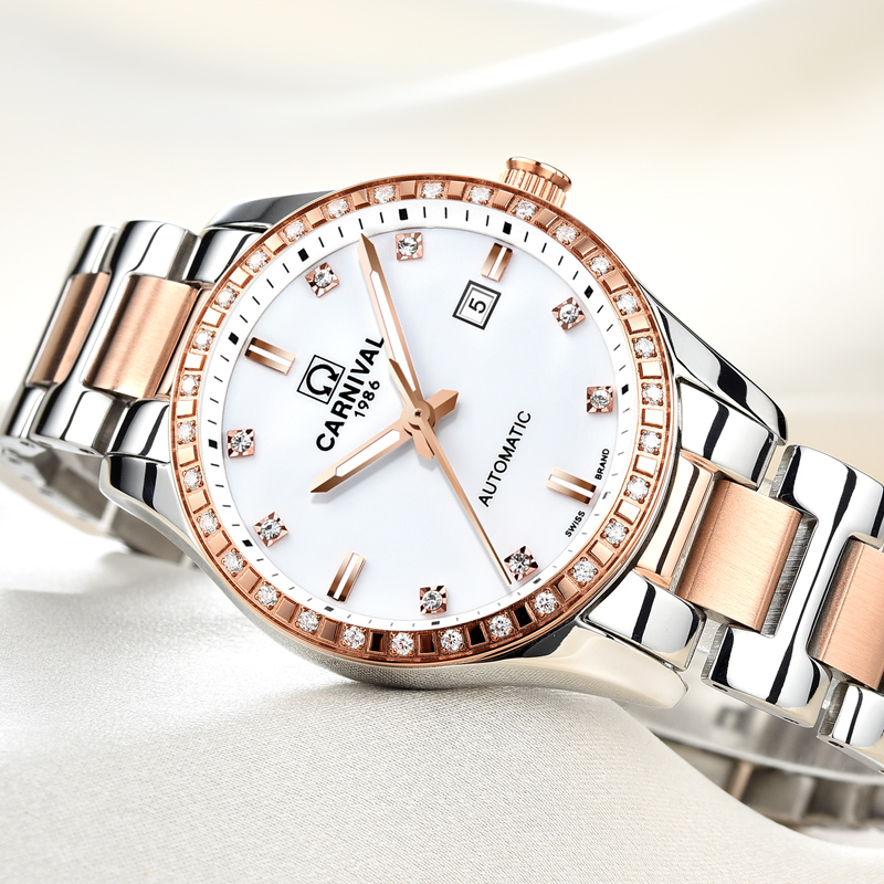 瑞士嘉年华Carnival手表新款全自动机械表 女表时尚钢带潮流夜光防水女士镂空水钻名表时装腕表魅力玫金8685高清大图