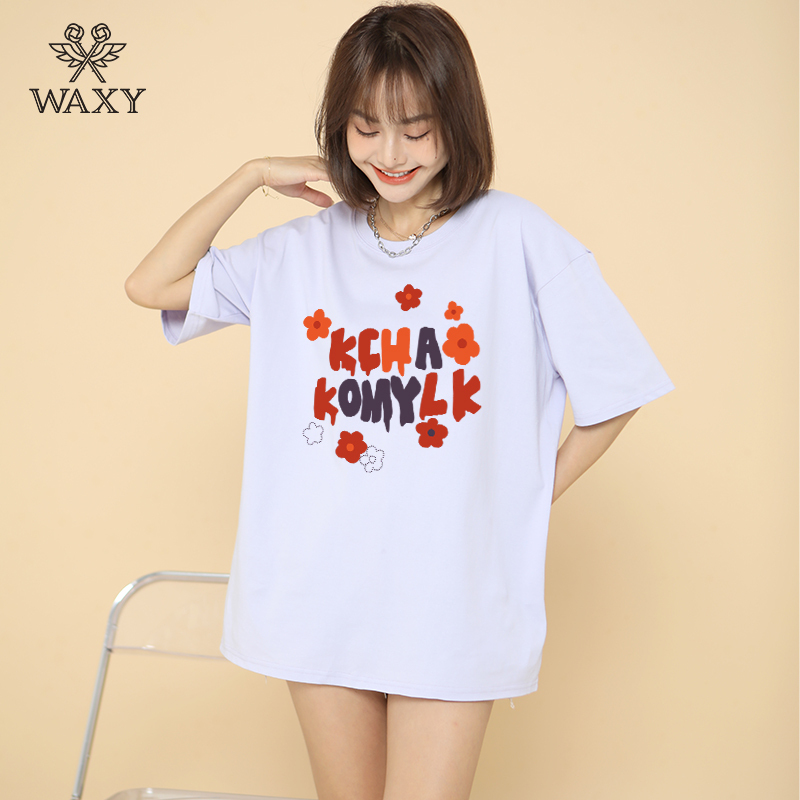 WAXY纯棉夏季圆领短袖T恤女学生简约宽松上衣百搭潮流港风ins盐系