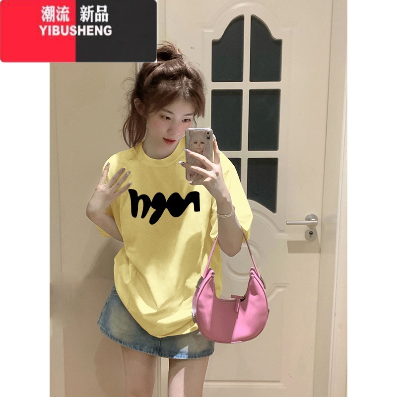 YIBUSHENG美式潮牌小个子正肩短袖T恤女2024年季新款嫩黄色体恤上袖高清大图