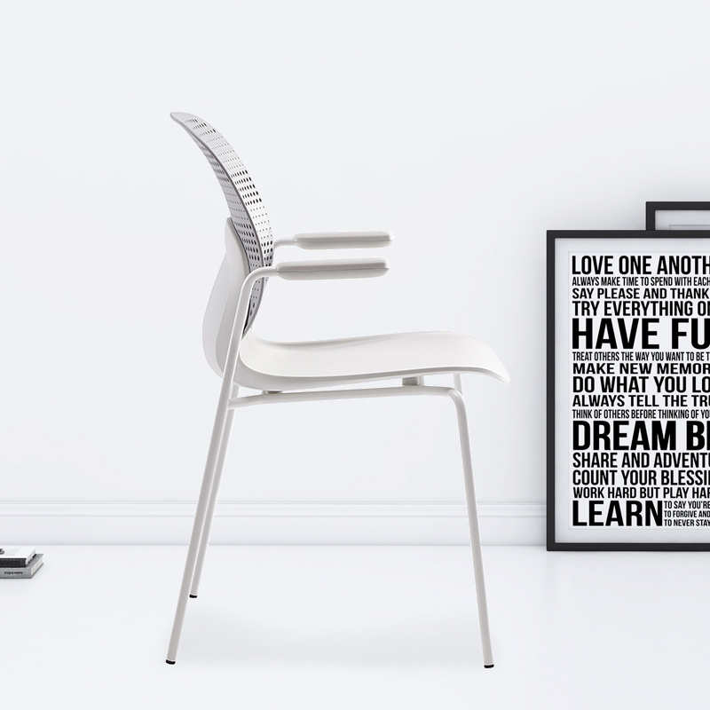 臻远ZY-7836 简约休闲办公椅轻奢铁艺靠背椅 灰背白座扶手款高清大图