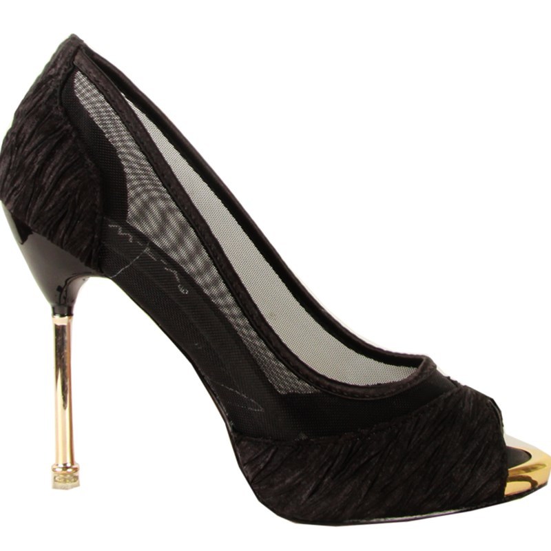 春季11cm细跟鱼嘴高跟鞋绸缎面黑色细跟金属跟女鞋网纱细跟黑上新