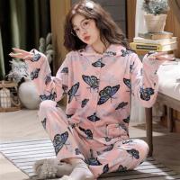 秋冬法兰绒保暖加厚开衫女士珊瑚绒睡衣女春秋季家居服套装可外穿 TYD粉底蓝蝶 M(80-100)