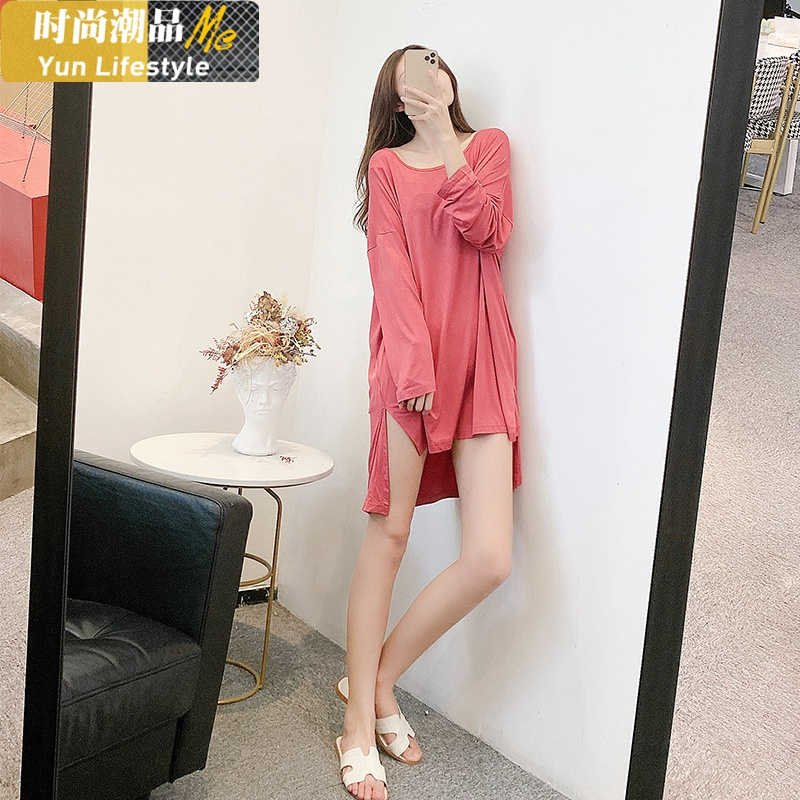 YUNWUXIN性感睡衣女莫代尔家居连衣裙宽松大码长袖可外穿T恤裙子薄款胖MM睡衣