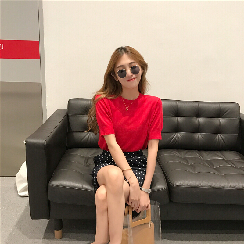 韩版时尚休闲套装夏季女装气质冰爽针织衫+波点包臀半身裙两件套