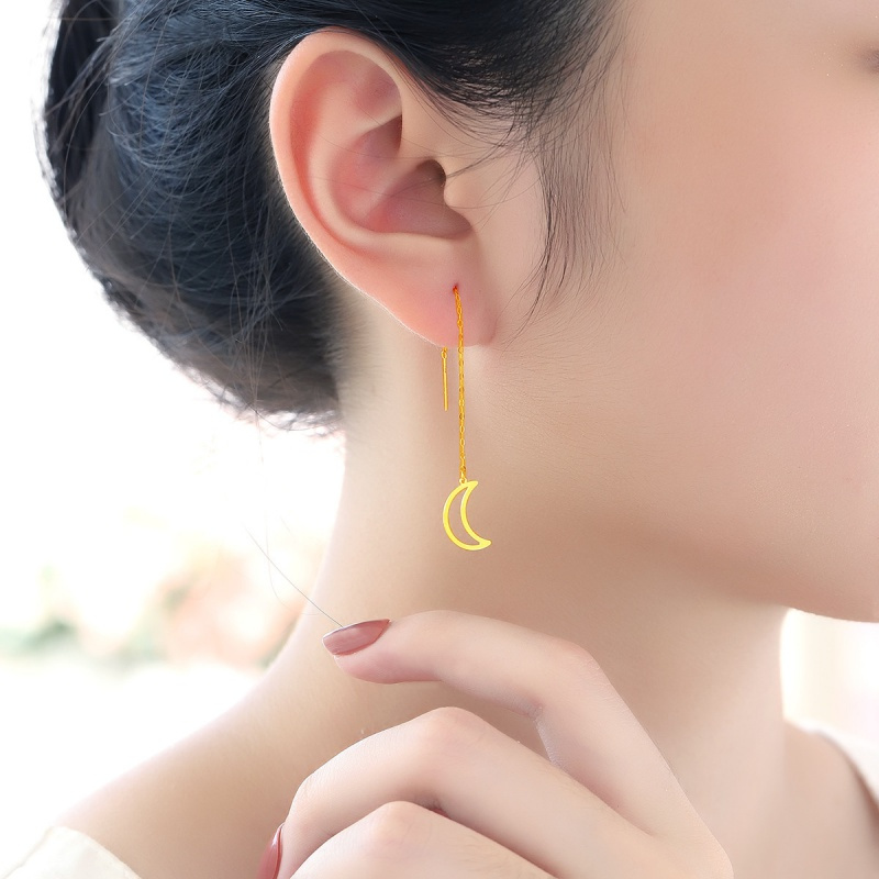 老庙黄金18k镂空月亮流苏耳环耳钩耳钉女