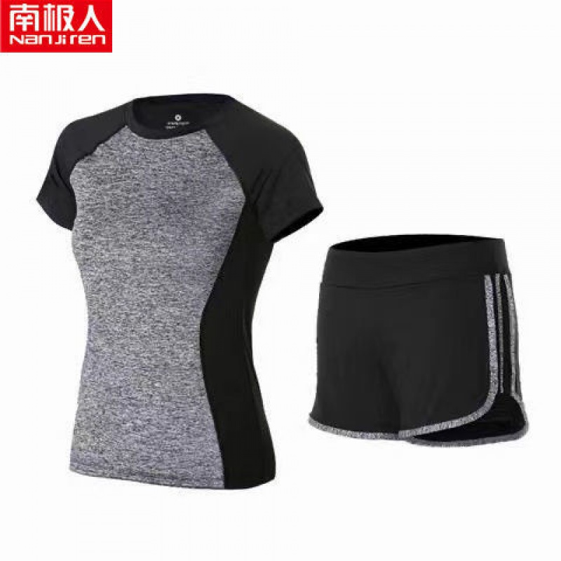 瑜伽服运动套装女春夏健身服跑步锻炼衣修身显瘦网红潮 瘦腰麻灰【短袖+短裤】 XXL【建议120-130斤】