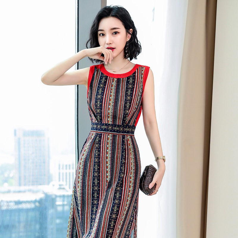 条纹印花连衣裙女女士夏款新品无袖开叉长裙时尚拼接气质韩版裙子