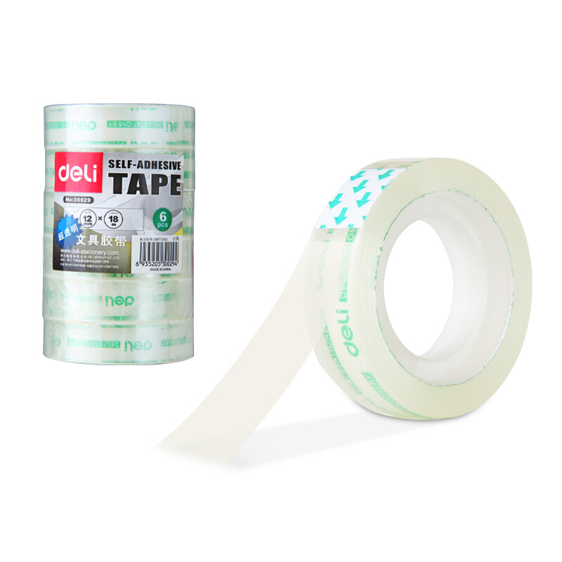 得力(deli)透明高粘文具胶带/小胶带 12mm*18m 6卷/筒装 30029