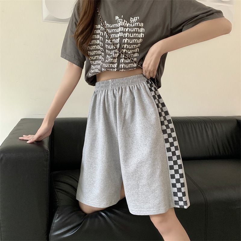 可路莎五分格子短裤女夏季薄款韩版宽松阔腿中裤潮减龄运动休闲裤