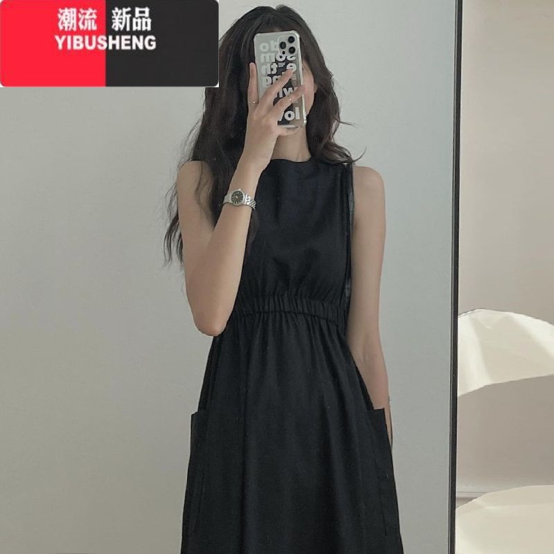 YIBUSHENG韩国chic无袖连衣裙女慵懒风松紧高腰大口袋设计宽松显瘦长裙子 黑色 XL