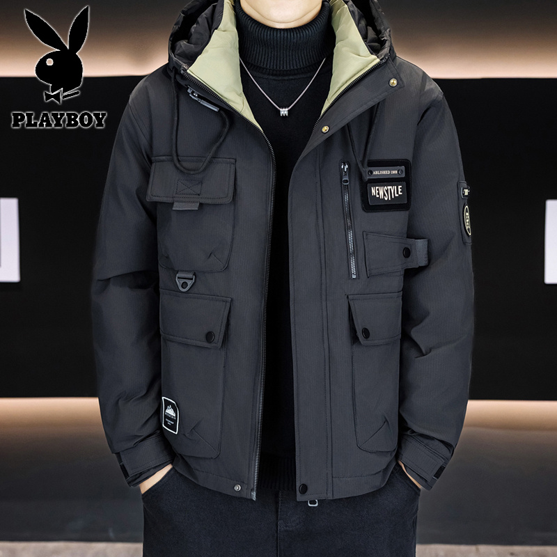 花花公子新款高品质冬季新款户外帅气防寒服三防连帽加厚羽绒棉男装夹克外套 黑色 3XL