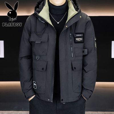 花花公子新款高品质冬季新款户外帅气防寒服三防连帽加厚羽绒棉男装夹克外套 黑色 3XL