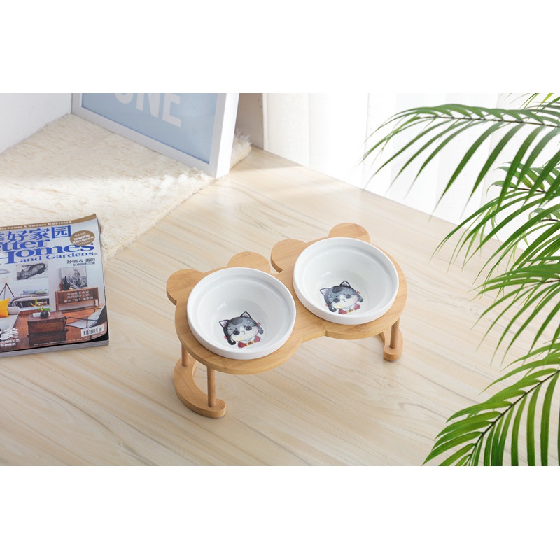 猫碗高脚猫咪喂食碗保护颈椎斜口狗碗可爱猫盆双碗陶瓷饮水宠物 可爱竹木红猫小姐+双碗套装 猫咪/小型犬
