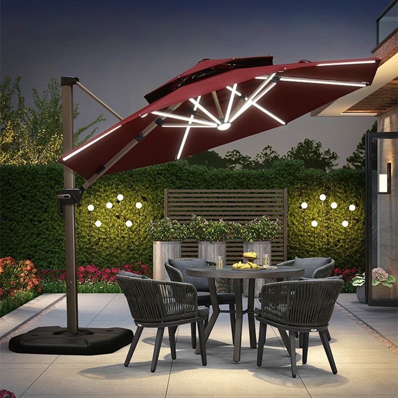 紫叶太阳伞户外庭院伞别墅花园室外罗马伞露台院子露天阳台遮阳伞 3米圆LED灯条【106MM杆370斤水箱】