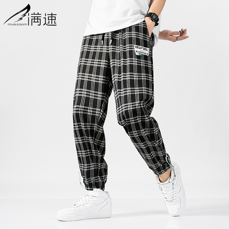 满速男士春秋季宽松休闲裤新款格子裤男运动束脚裤潮流九分裤复古