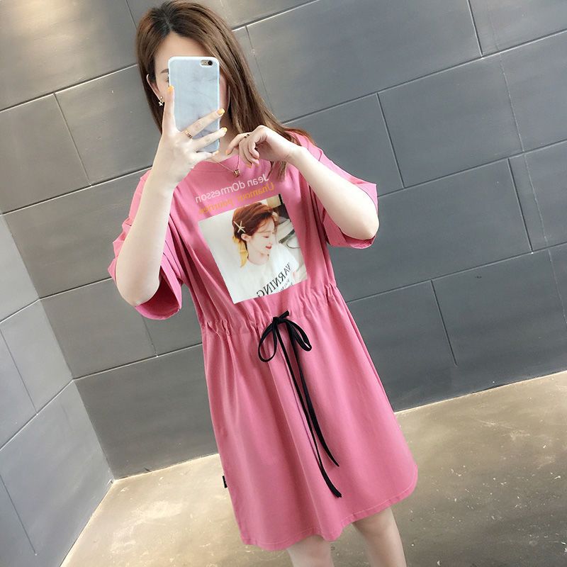 莆兮思puxisi 牛油果绿连衣裙女夏胖mm200斤韩版大码宽松显瘦短袖T恤中长款裙子
