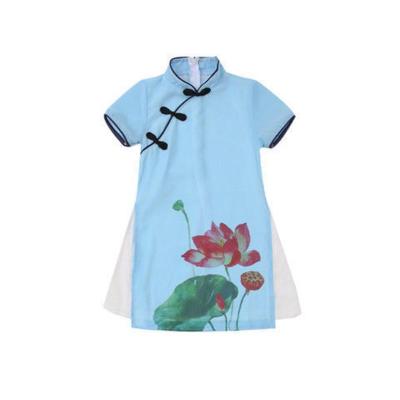 荷花旗袍 100 女童旗袍连衣裙夏季儿童礼服公主裙中国风古筝演出服女孩古装汉服