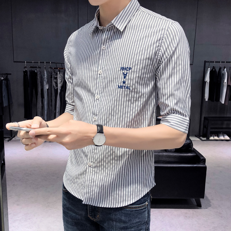 七分袖衬衫男士夏款中袖半袖宽松7分五分韩版衬衣男2018新款时尚