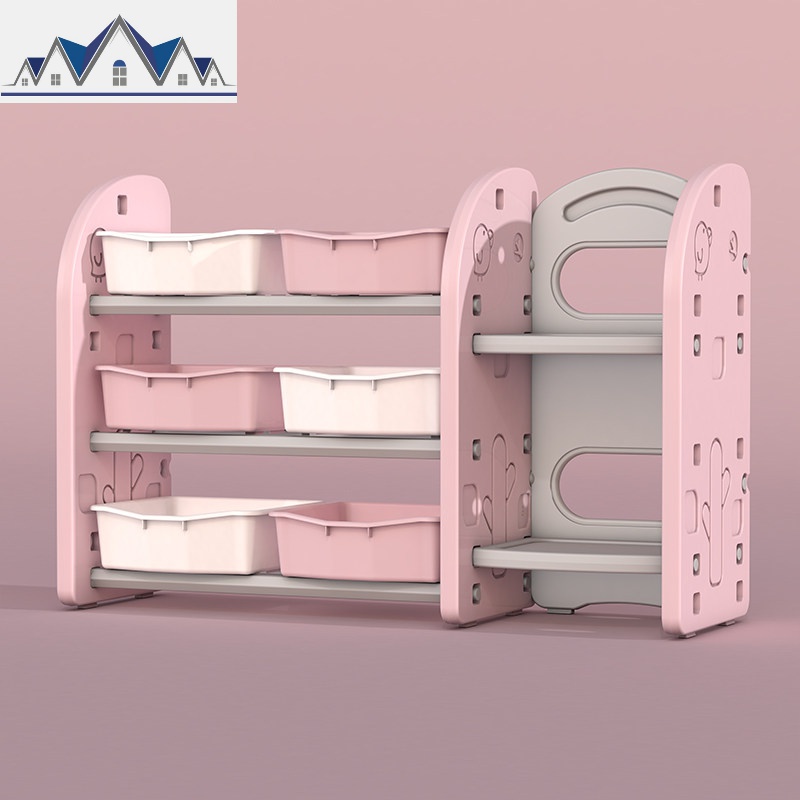 儿童玩具收纳架整理书架多层幼儿园宝宝置物架子储物收纳柜绘本架 三维工匠 三层玩具架组合四粉/灰