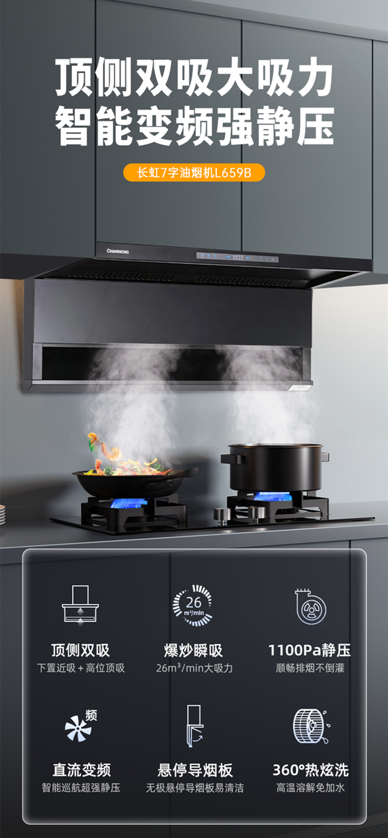 长虹 26m³大吸力 顶侧三腔拢吸 直流变频 L659B烟机+5.0kW猛火 超一级能效 聚能炉架 B261液化气灶套装高清大图