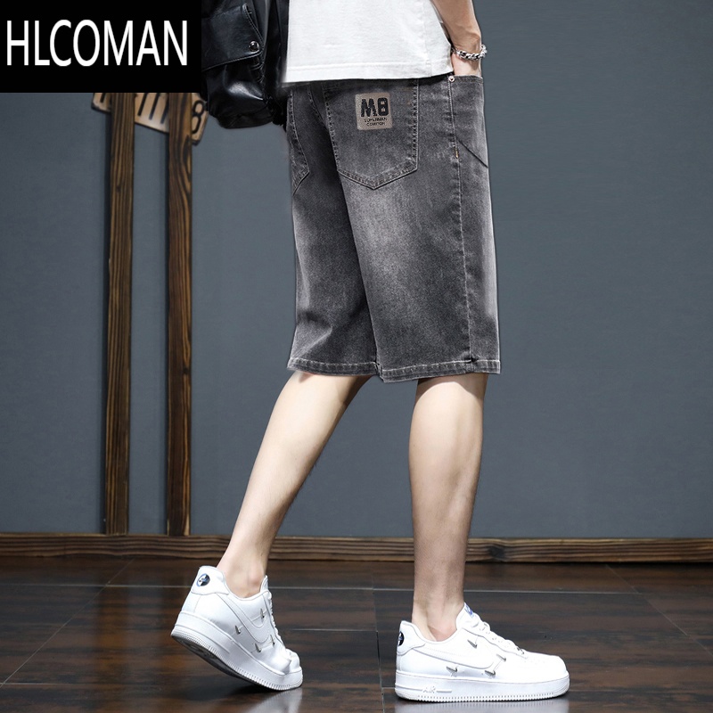 HLCOMAN男士牛仔短裤夏季薄款宽松弹力五分潮牌休闲百搭韩版潮流中裤子男 黑灰2331 32