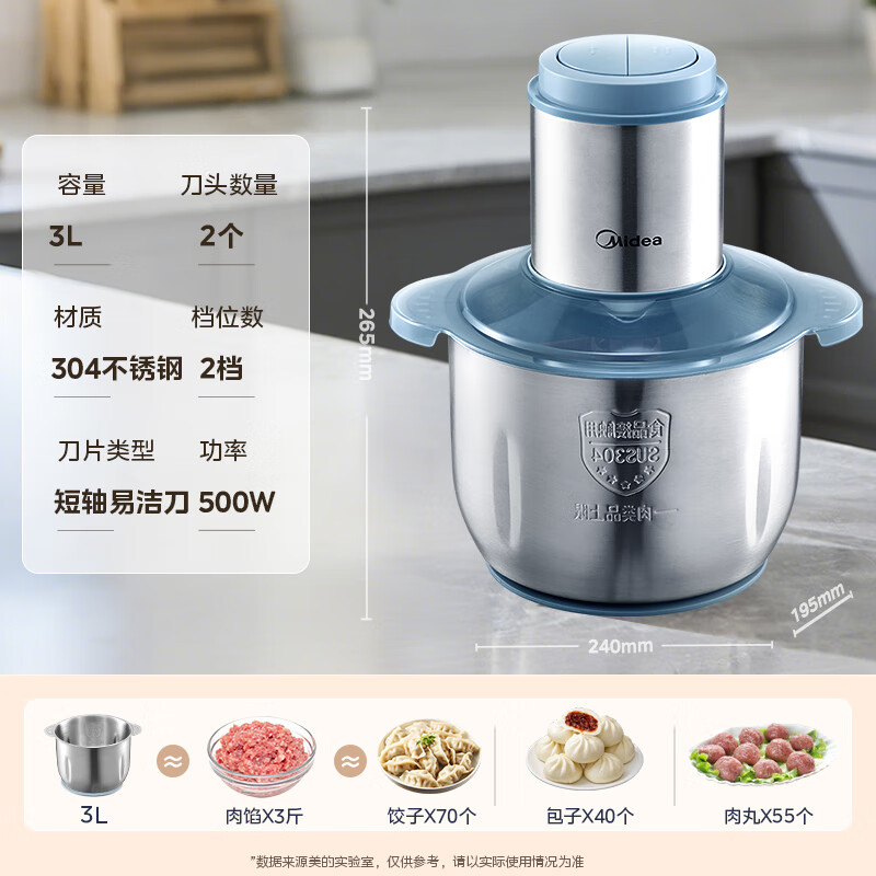 美的绞肉机家用京东自营大容量多功能不锈钢绞馅3L电动大功率打肉馅一体料理家庭搅拌绞菜不锈钢JD55B高清大图