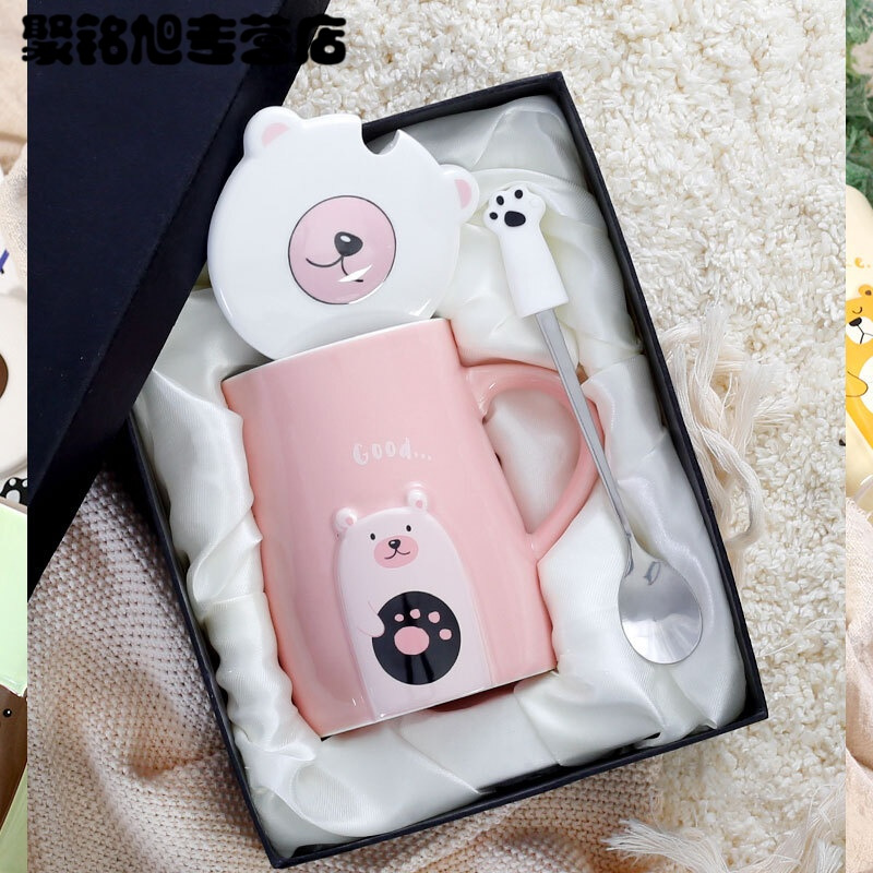 创意卡通杯子陶瓷杯咖啡牛奶杯情侣杯大容量水杯可爱马克杯带盖勺
