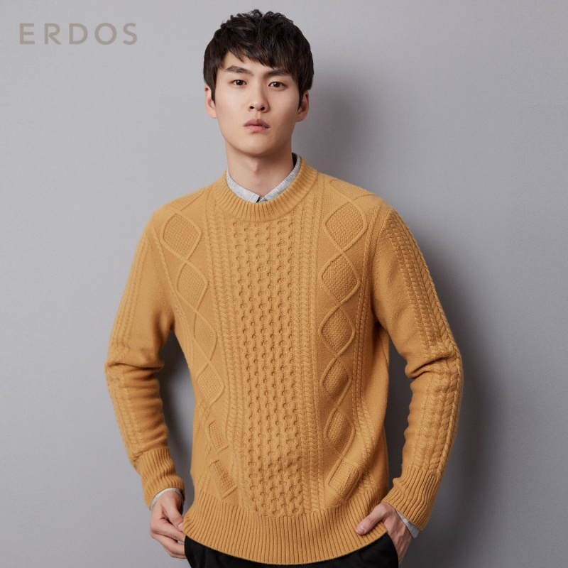ERDOS 圆领绞花设计男士羊绒衫休闲百搭针织衫温暖舒适