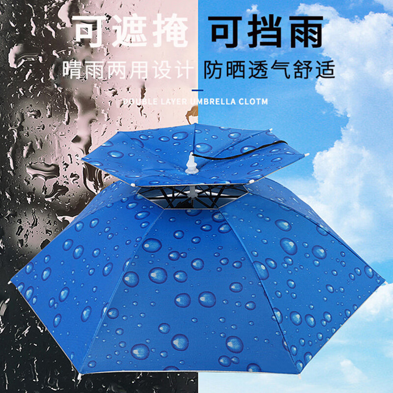 谋福(CNMF)伞帽雨伞帽 防风头戴帽伞钓鱼伞遮阳斗笠伞头戴式雨伞 (蓝水滴大号单层)