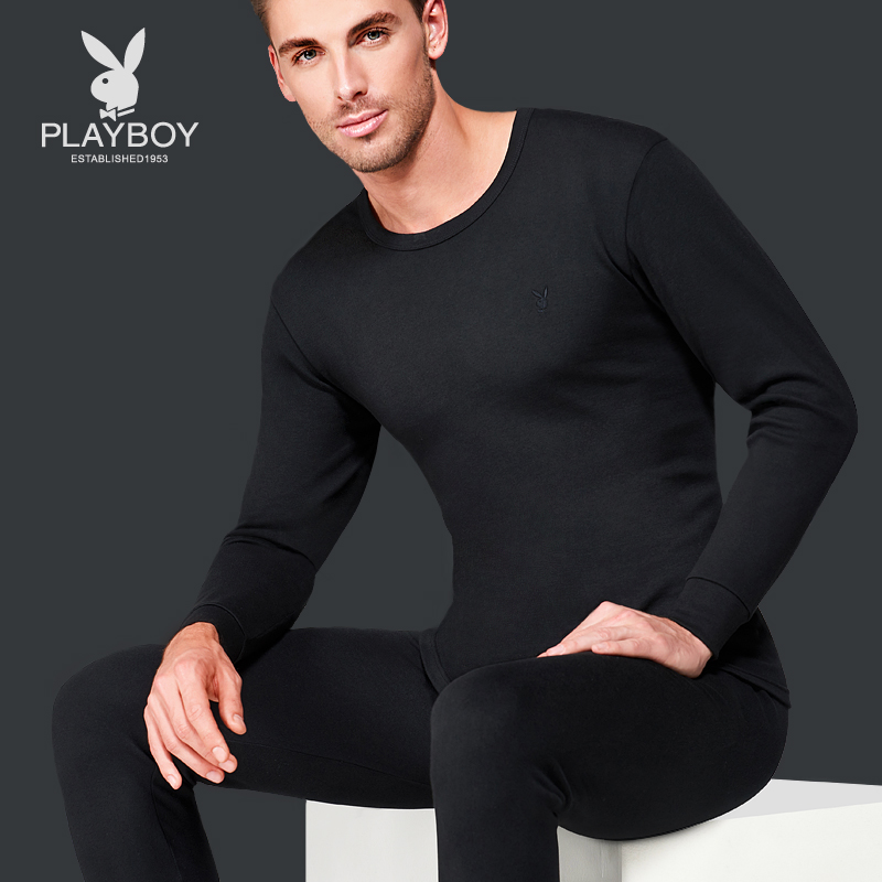 花花公子男士纯棉秋衣秋裤V圆领棉毛衫青年全棉薄款保暖内衣套裤高清大图