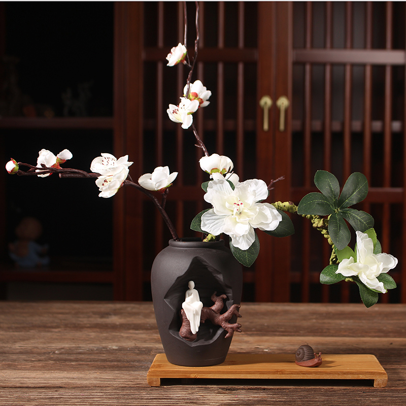 北欧简约中式禅意花器陶瓷干花插花客厅桌面装饰小花瓶工艺品摆件 三维工匠 水培花器8(木架+仿真花+蜗牛) 中等高清大图