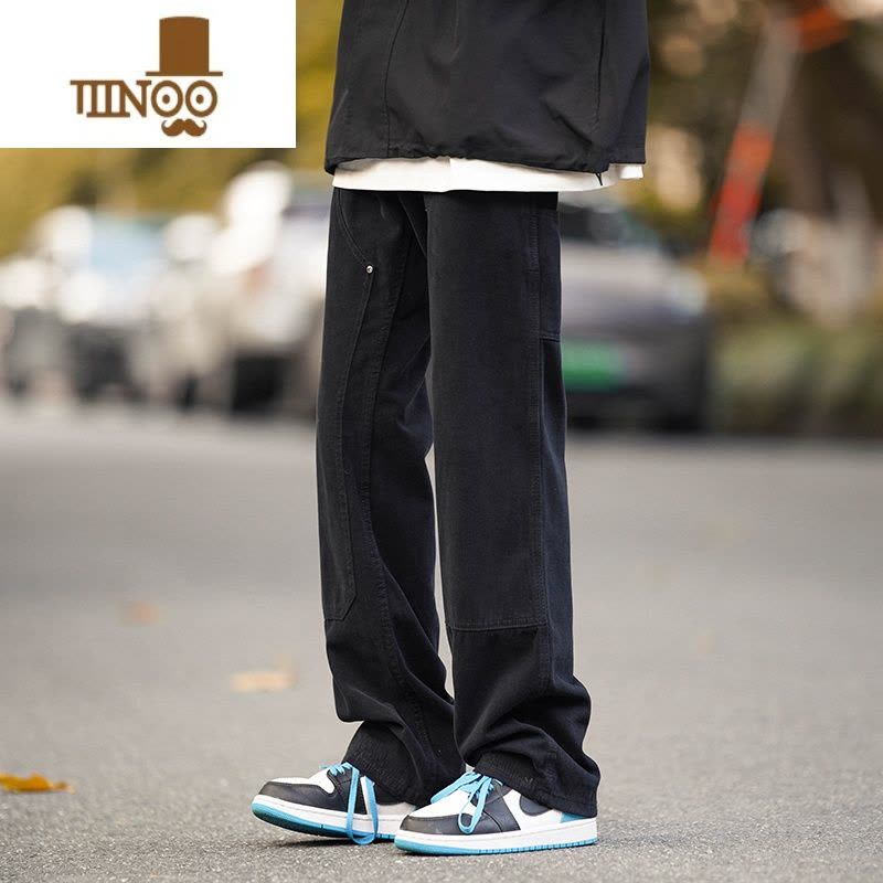 YANXU军绿色牛仔裤男宽松ins水洗阔腿工装裤潮牌复古拖地直筒裤子图片