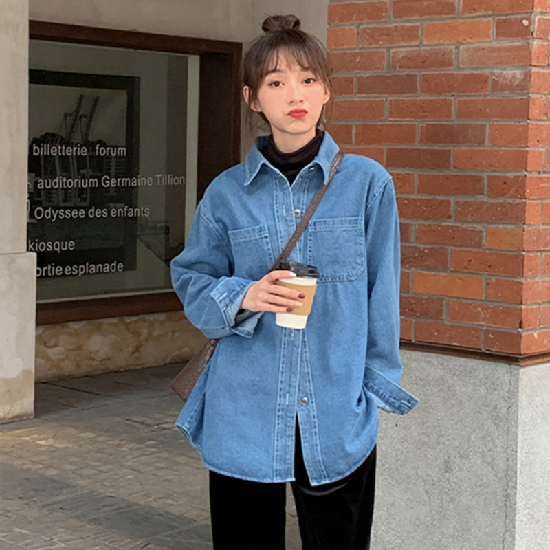 唐狮春长袖牛仔衬衫女港味复古时尚chic衬衫外套
