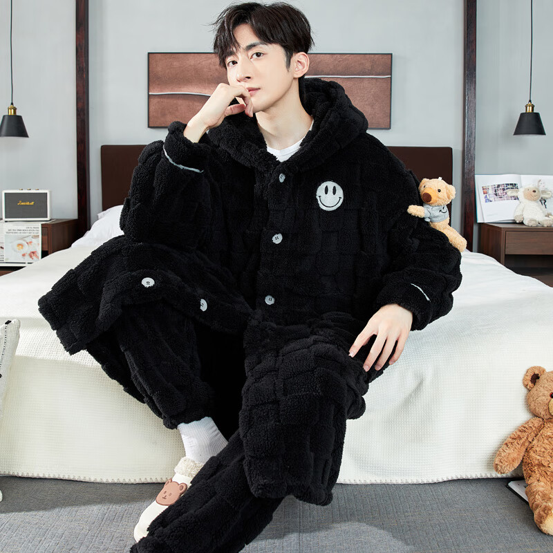 浪莎情侣睡衣男女士冬季法兰绒加长睡袍睡裤套装可外穿卡通风2024新款 情侣笑脸款 男L