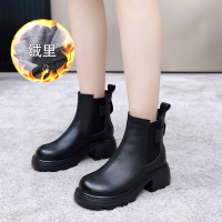 一脚蹬真皮厚底高跟中筒拼接烟筒靴新款粗跟英伦风切尔西短靴 黑色 37