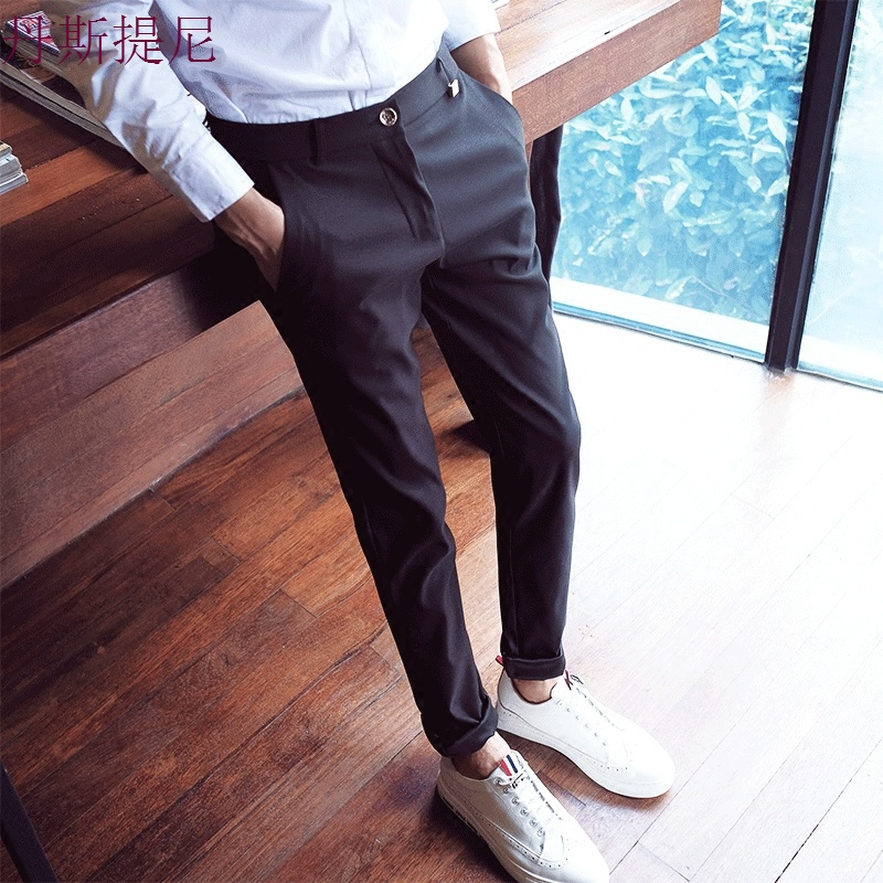 时尚男士休闲裤修身型英伦小脚裤长裤子韩版弹力夏季男土九分裤潮