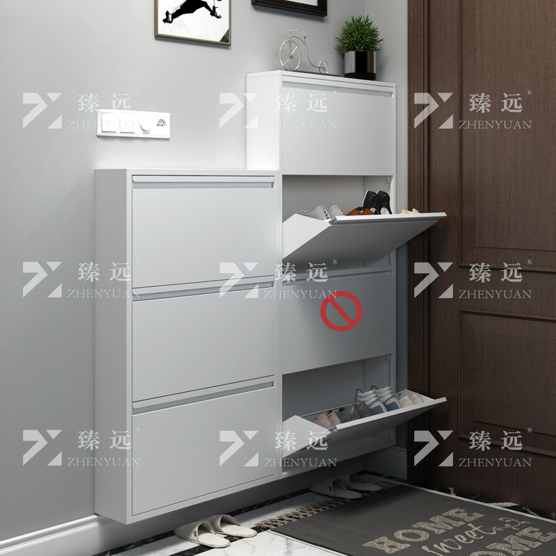 臻远 ZY4022017 钢制翻斗鞋柜简约现代收纳柜白色三斗