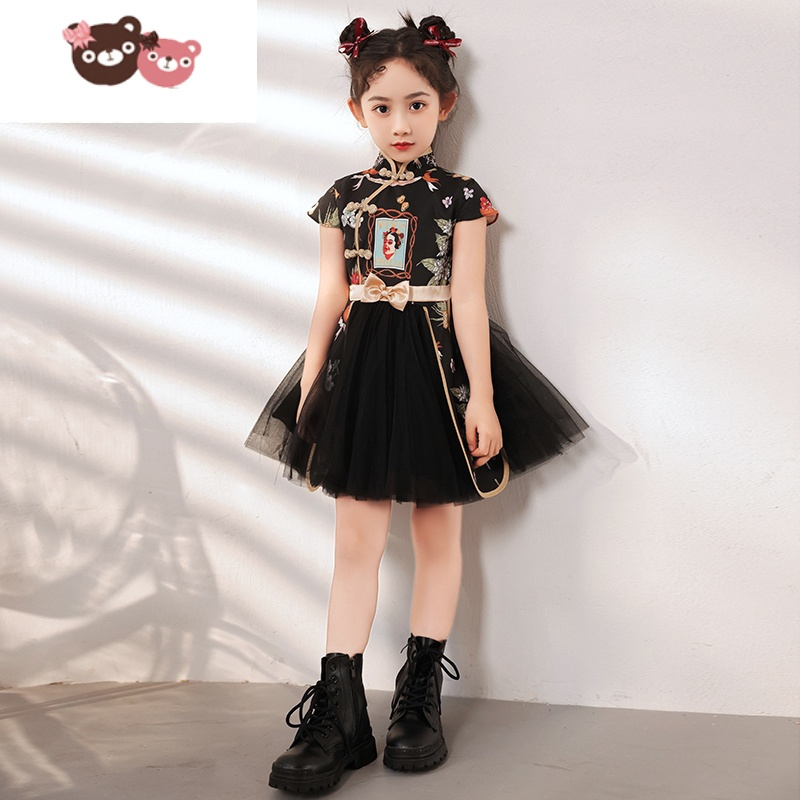 绿彩虹光国潮女童旗袍中国风秋夏季儿童礼服时装模特霸