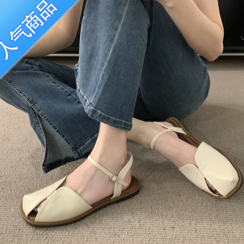 SUNTEK包头凉鞋女2023年新款夏季韩版森系复古仙女风休闲软平底罗马鞋子高清大图