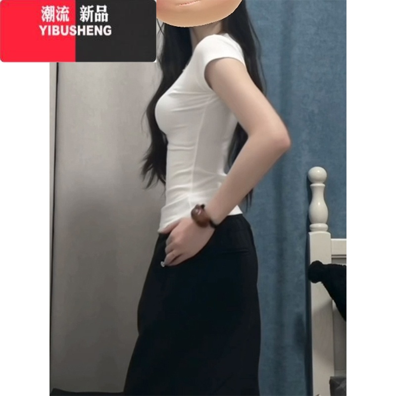 YIBUSHENG白色正肩短袖女季新款辣妹收腰修身上衣显瘦百搭纯色短纯季瘦瘦高清大图