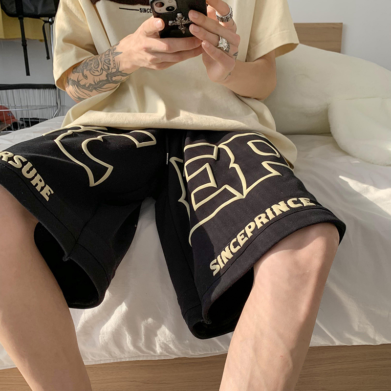 WOOG2005黑色篮球短裤男发泡印花痞帅高街潮ins百搭休闲五分裤子